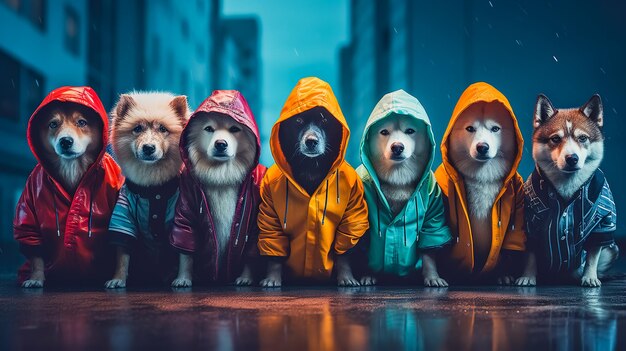 Un groupe de chiens portant des manteaux et des capuchons de couleurs