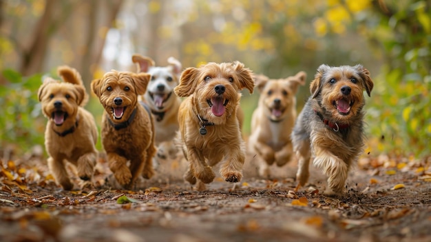 Un groupe de chiens qui courent sur une route de terre