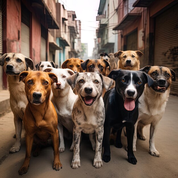 Photo un groupe de chiens sont dans la rue dont l'un est un chien