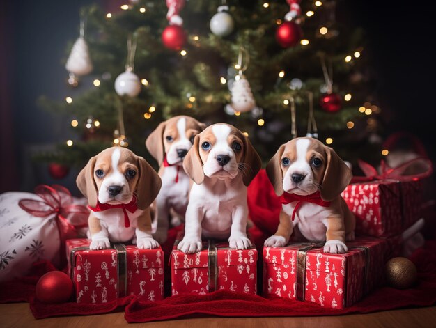 Photo groupe de chiots de beagles mignons avec un thème de noël assis sous l'arbre de noël