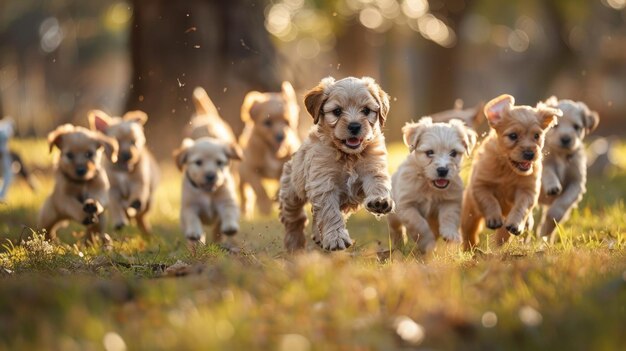 Photo un groupe de chiots courant autour d'un arbre