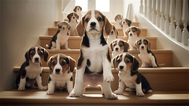 Un groupe de chiots est assis sur les marches d'une maison.