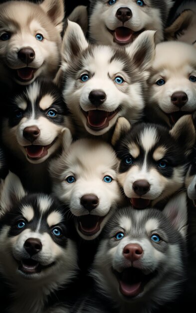 Un groupe de chiots de Husky sibérien heureux et souriants