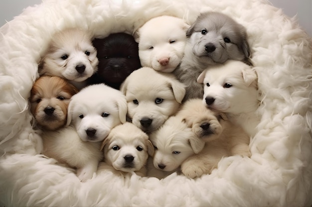 Un groupe de chiots ludiques étreints ensemble