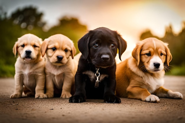 Un groupe de chiots sont alignés dans une rangée.