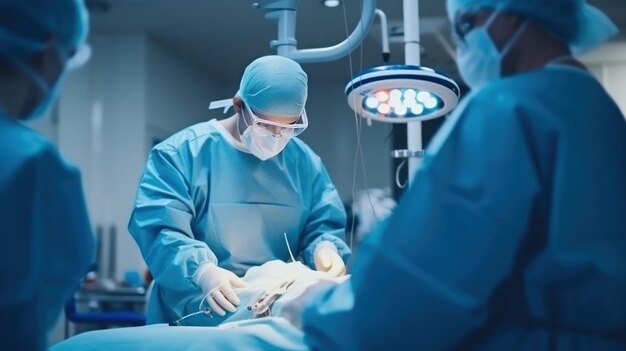 Un groupe de chirurgiens en uniforme de protection opère avec un équipement professionnel sur un patient à l'hôpital