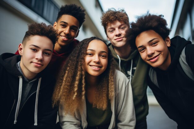 Un groupe de cinq adolescents souriants une fille et trois garçons au lycée