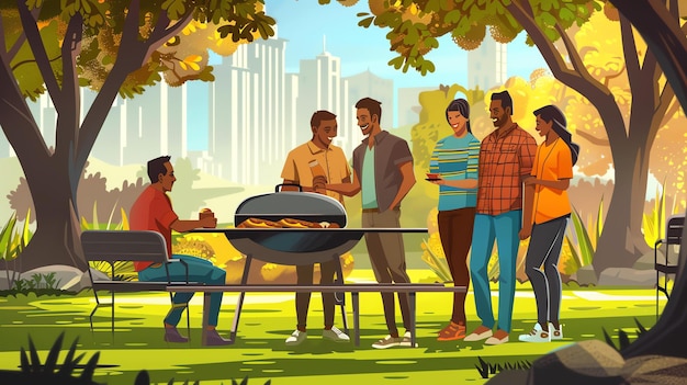 Photo un groupe de cinq amis font un barbecue dans un parc ils sourient tous et rient et apprécient la belle journée