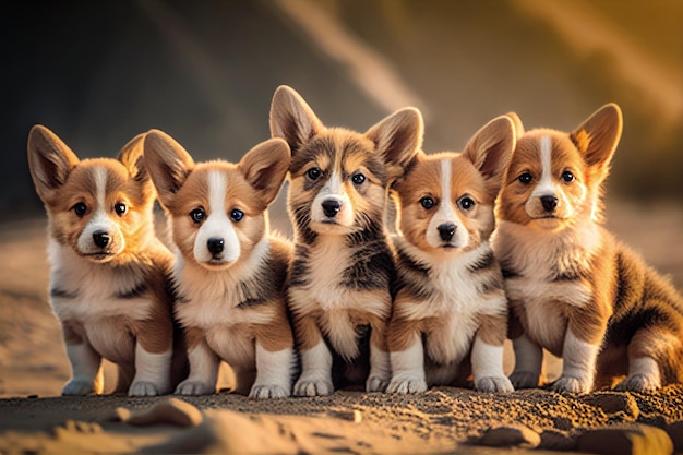 Groupe de cinq chiots corgi mignons sur la lumière du coucher du soleil à la journée d'été en plein air.