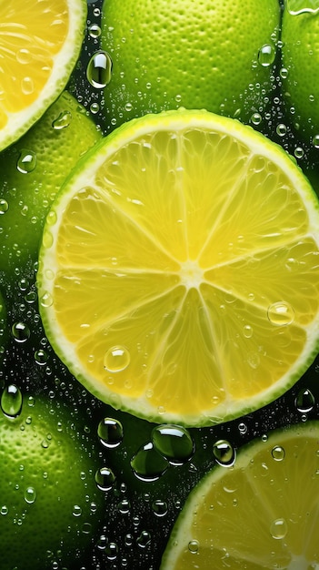 Un groupe de citrons verts avec des gouttelettes d'eau dessus