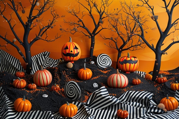 Un groupe de citrouilles est assis au sommet d'une pile de tissu noir et blanc dans une composition visuellement frappante orange et noir à rayures de bonbons à thème d'Halloween paysage AI généré