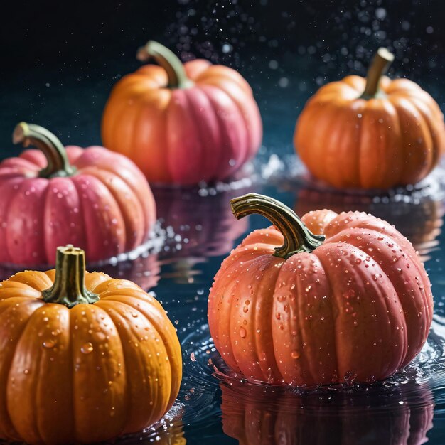 Photo un groupe de citrouilles avec des gouttes d'eau sur elles