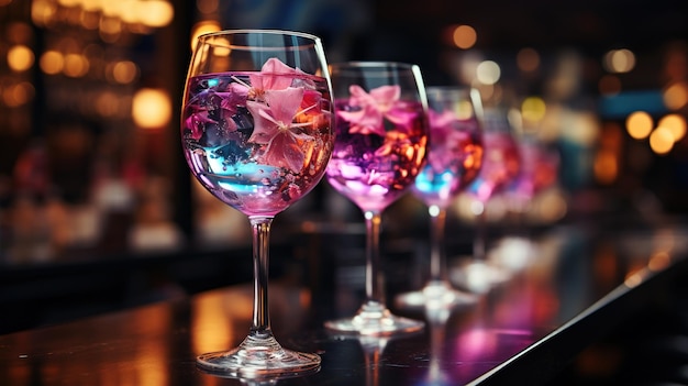 Un groupe de cocktails féminins roses élégants dans des verres avec des tiges hautes au comptoir du bar IA générative