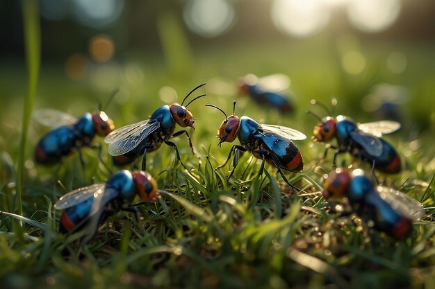 Photo un groupe de coléoptères est couché dans l'herbe avec leurs ailes ouvertes