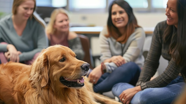 Photo groupe de collègues participant à un exercice de renforcement d'équipe avec des chiens de thérapie renforçant les liens et réduisant le stress par l'interaction avec les animaux