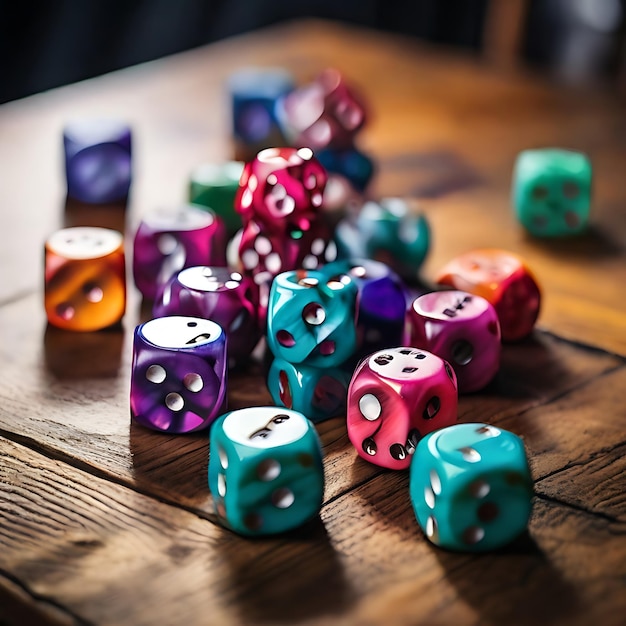 Photo un groupe de dés colorés éparpillés sur une table en bois générée par l'ia