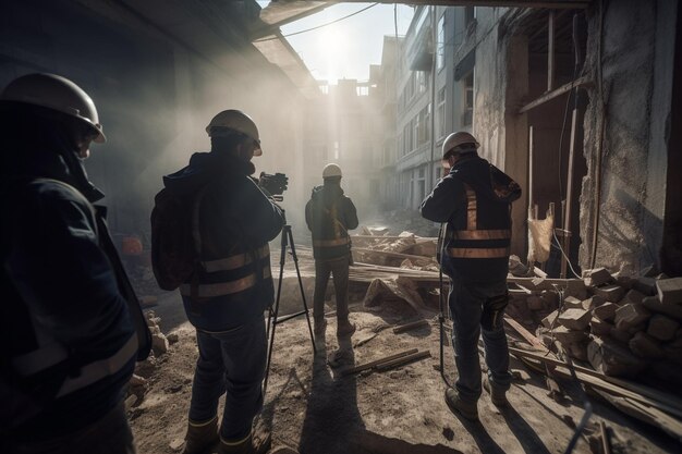 Groupe de constructeurs travaillant sur un chantier de construction en prenant des photos de l'arrière avec Generative AI