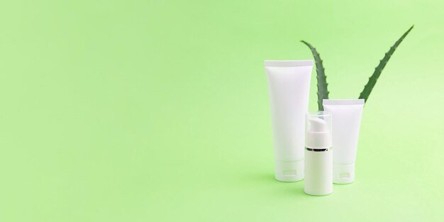 Groupe de contenants de cosmétiques à l'aloe vera sur fond Concept cosmétique biologique grande bannière