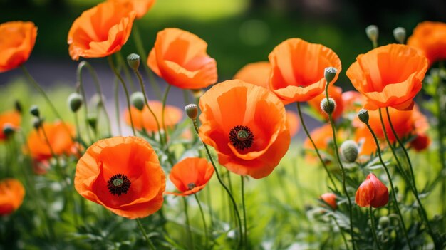 Photo un groupe de coquelicots orange vif dans un champ avec un fond vert flou