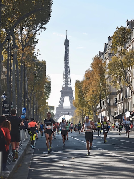 Un groupe de coureurs court dans une rue devant la tour Eiffel.