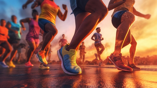 Un groupe de coureurs court sur une route avec le soleil derrière eux.