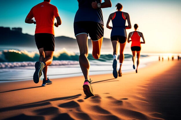 Groupe de coureurs de jambes en gros plan courant au bord de la mer au lever du soleil