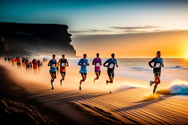 Groupe de coureurs de jambes en gros plan courant au bord de la mer au lever du soleil