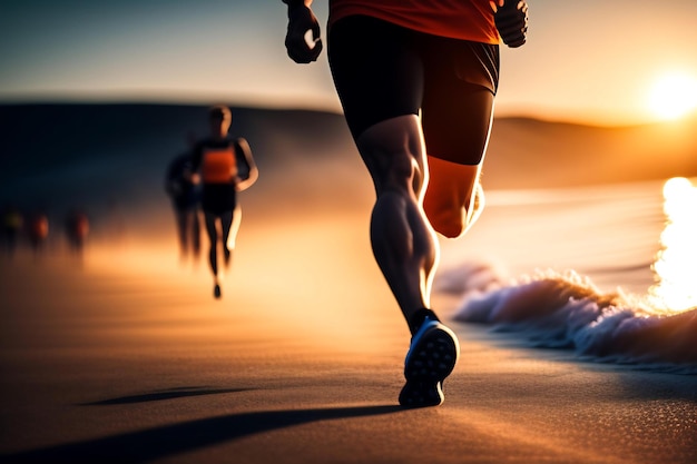 Groupe de coureurs de jambes en gros plan courant au bord de la mer au lever du soleil