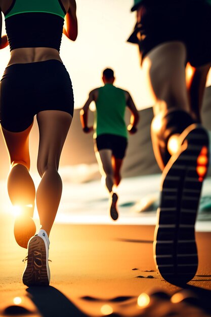 Groupe de coureurs de jambes en gros plan courant au bord de la mer au lever du soleil