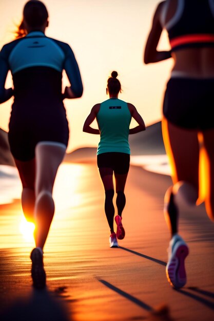 Groupe de coureurs de jambes en gros plan courant au bord de la mer au lever du soleil