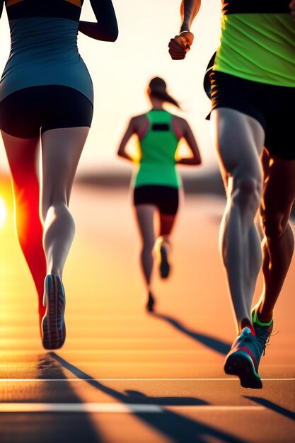 Un groupe de coureurs qui courent au lever du soleil au bord de la mer