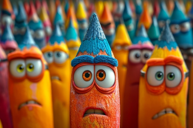 Un groupe de crayons animés surpris avec des yeux et une bouche illustration 3D