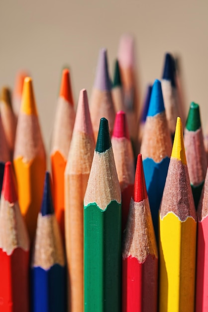 Un groupe de crayons de couleur sont alignés dans une rangée.