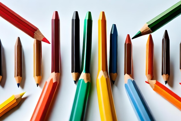 Un groupe de crayons de couleur sont alignés sur une surface blanche.