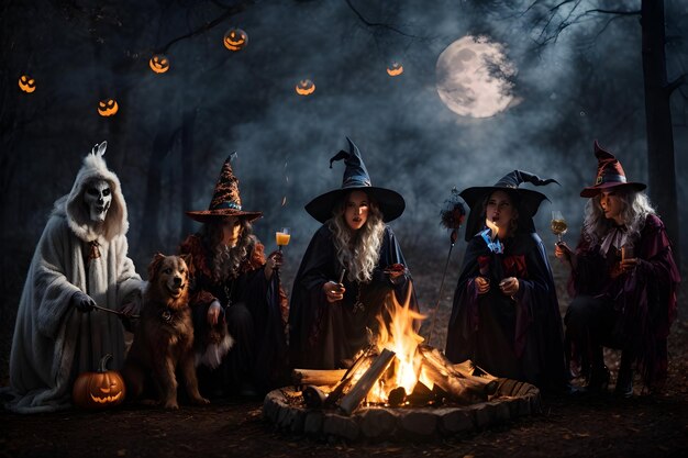 Un groupe de créatures classiques d'Halloween telles qu'une sorcière, un fantôme, un vampire et un loup-garou