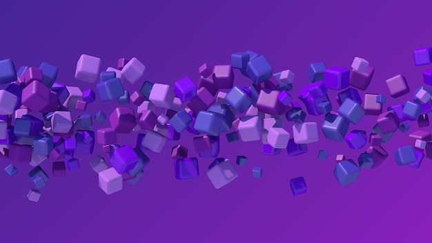 Groupe de cubes bleus et violets volant. Illustration abstraite, rendu 3d.