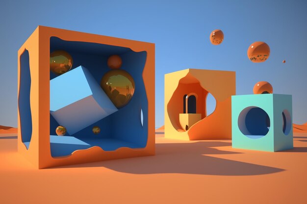 Un groupe de cubes et de boules colorés se trouve sur un fond bleu et orange.