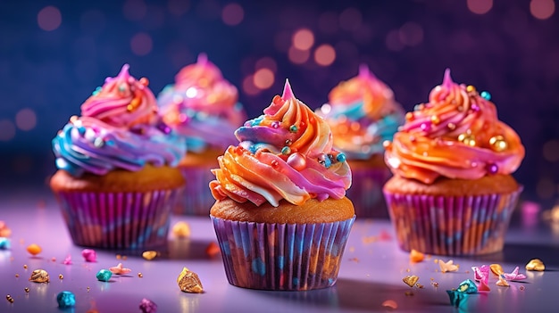 Un groupe de cupcakes colorés avec le mot gâteau sur le dessus.