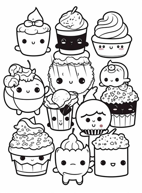 un groupe de cupcakes de dessins animés avec des visages et des garnitures différents