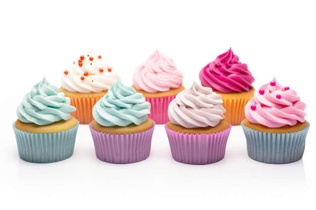 Groupe de cupcakes avec des glaçons de différentes couleurs sur une surface blanche ou transparente PNG arrière-plan transparent