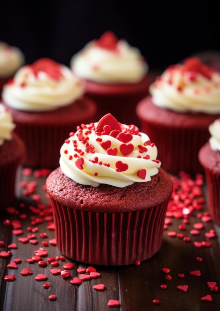 un groupe de cupcakes rouges avec glaçage blanc et coeurs