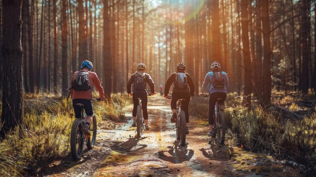 Un groupe de cyclistes dans la forêt.