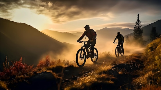 Un groupe de cyclistes portant un équipement de protection montaient leur vélo de montagne dans la même direction.
