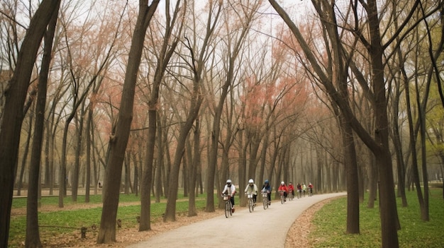 Un groupe de cyclistes traverse un parc.