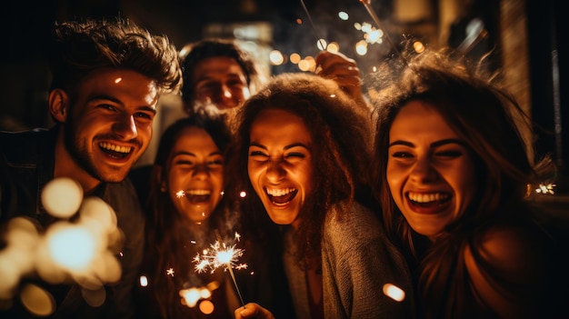 Un groupe d39amis célèbre une nuit avec des feux d39artifice Célébration du réveillon du Nouvel An