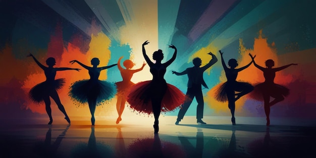 un groupe de danseurs dansent dans une pièce colorée
