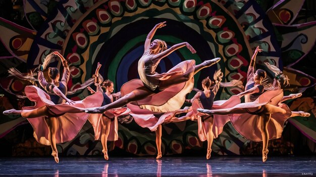 un groupe de danseurs sont sur scène avec le mot " ballet " au bas