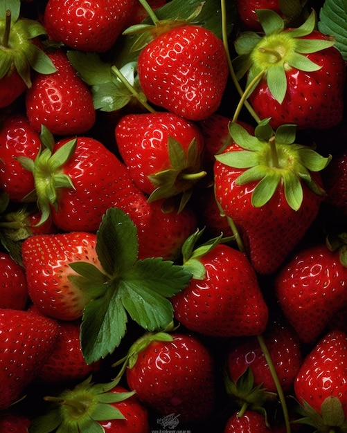 Un groupe de délicieuses fraises de près des feuilles vertes