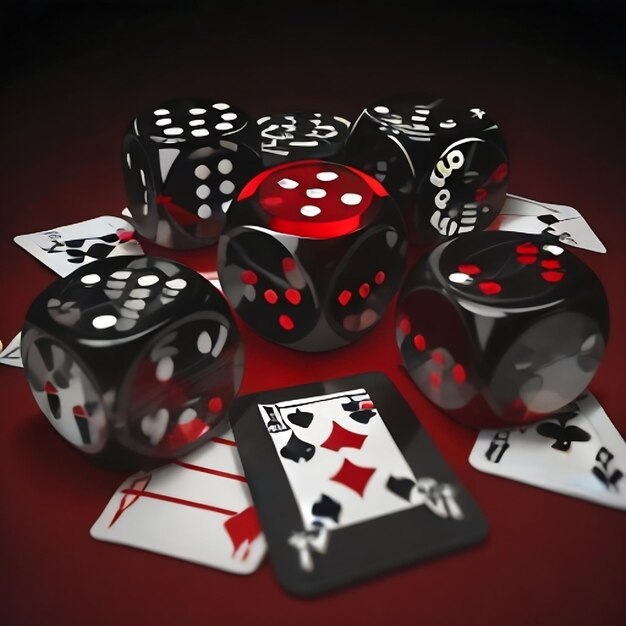 un groupe de dés et de cartes noires sur une table avec un dés rouge