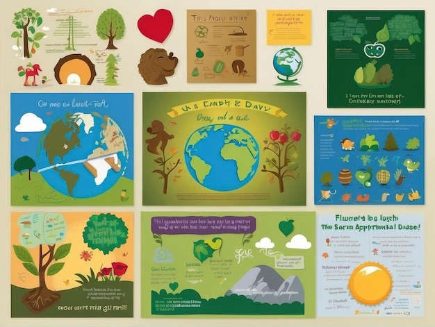 un groupe de différentes affiches avec des dessins différents sur eux et une image d'un arbre